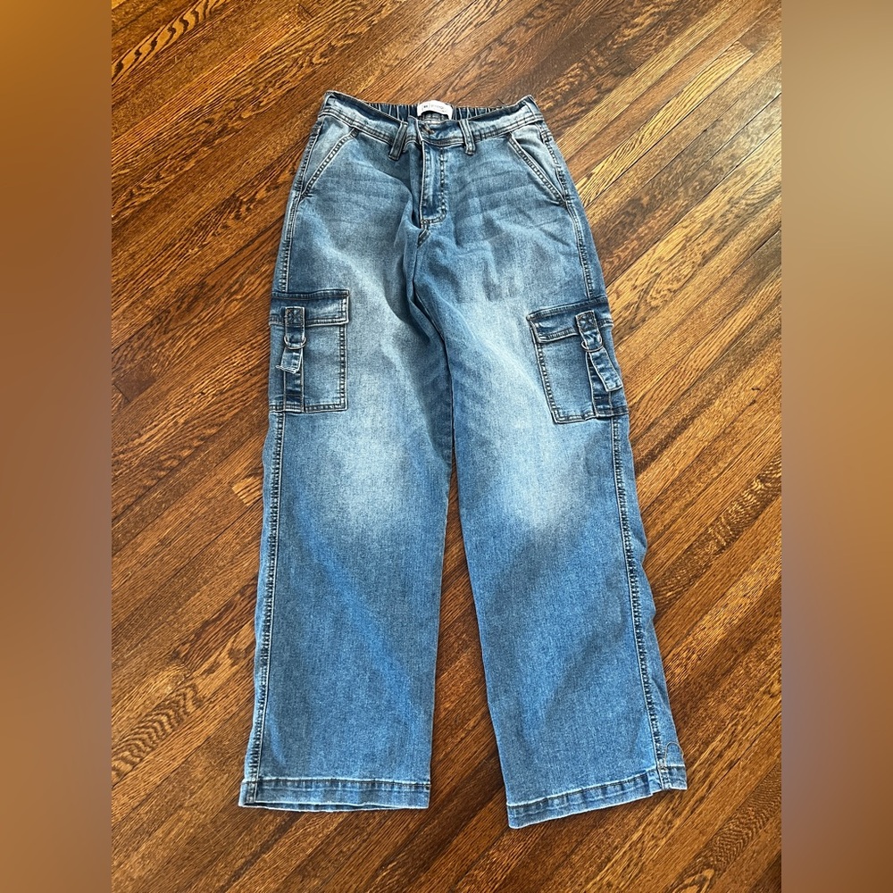 RE Generation High Waisted Wide Leg Cargo Pull On Denim Jeans Size Small